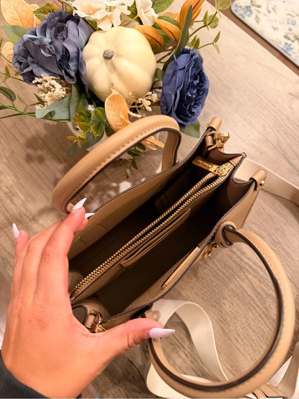 Michael Kors Beige/Tan Leather Satchel with Branded Canvas Strap